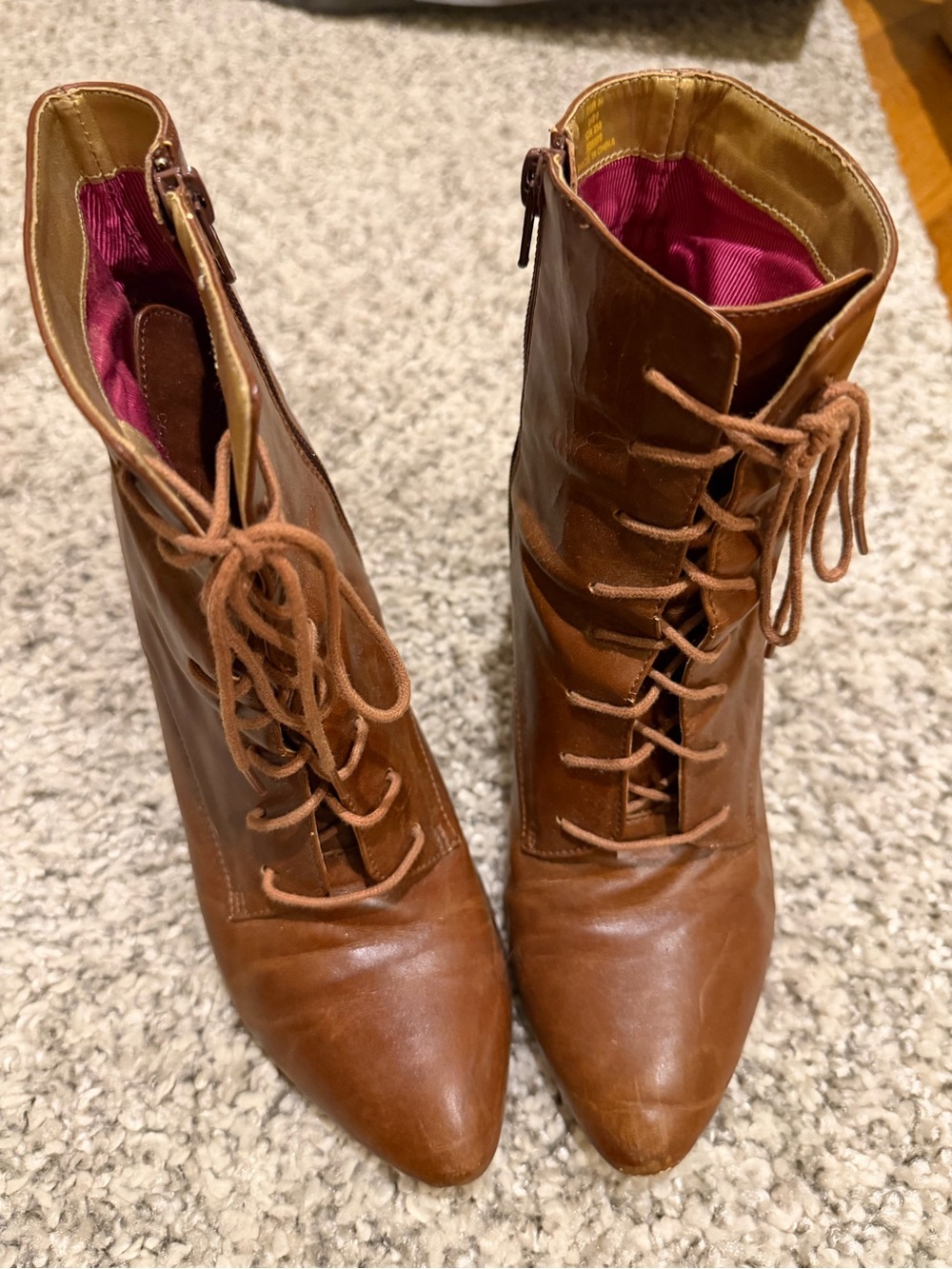 Zara Tan Lace-Up Pointed Toe Ankle Boots